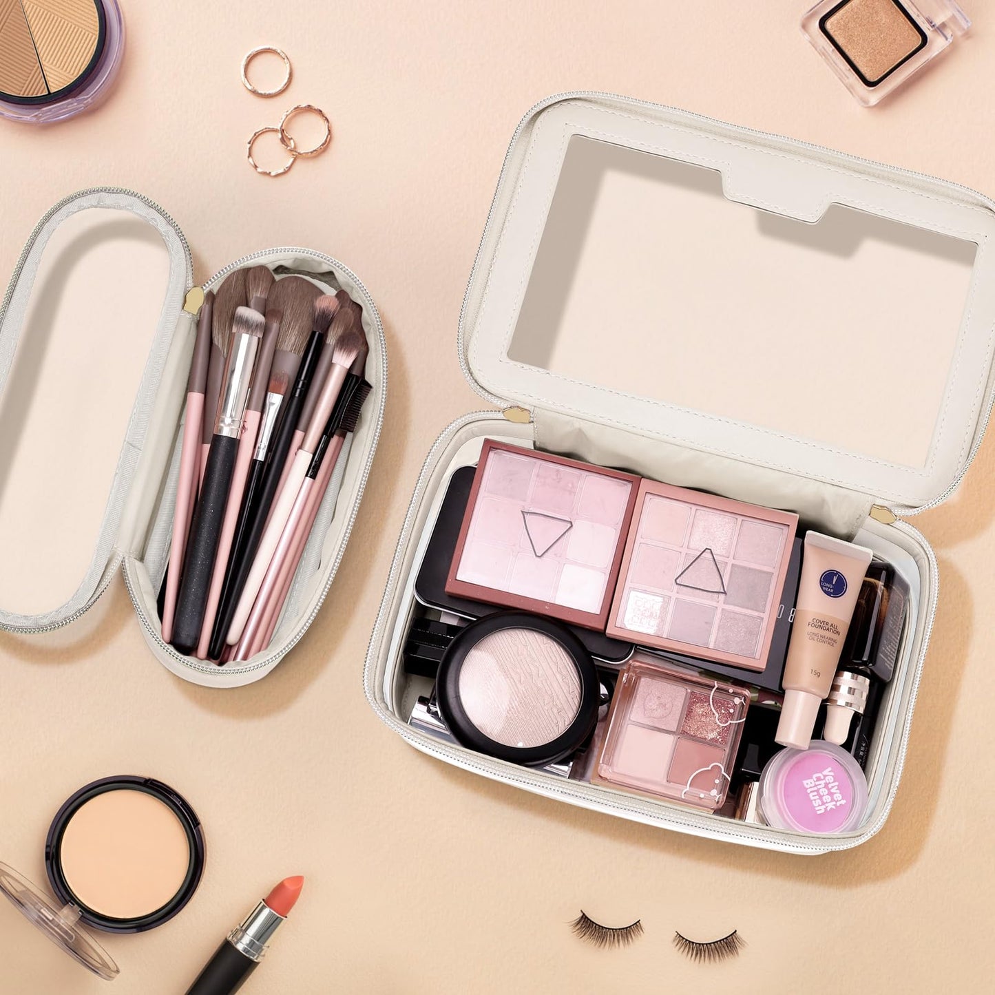 Soimeat Travel Clear Makeup Bag with Makeup Brush Bag, Leather Make up Case Toiletry Bag, Portable Cosmetic Bag Case, Transparent Waterproof Cosmetic Organizer Storage Bag for Women, Off-White
