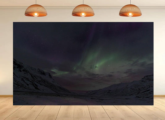 UPXIO 10x8ft Aurora Borealis Snowy Mountain Backdrop Starry Night Sky and Green Northern Lights Photo Background