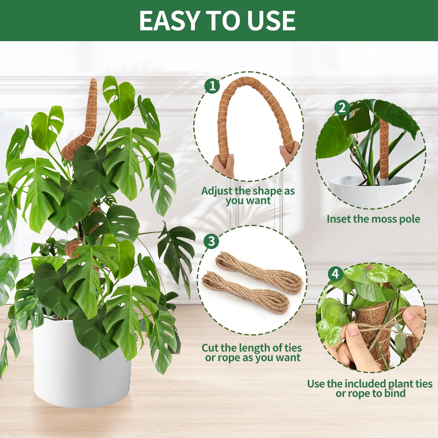 2 Pack Moss Pole, 48 Inch Bendable Moss Poles for Plants Monstera for Climbing Plants, Handmade Coco Coir Pole Plant Sticks Support Stakes for Indoor Plants to Grow Upwards