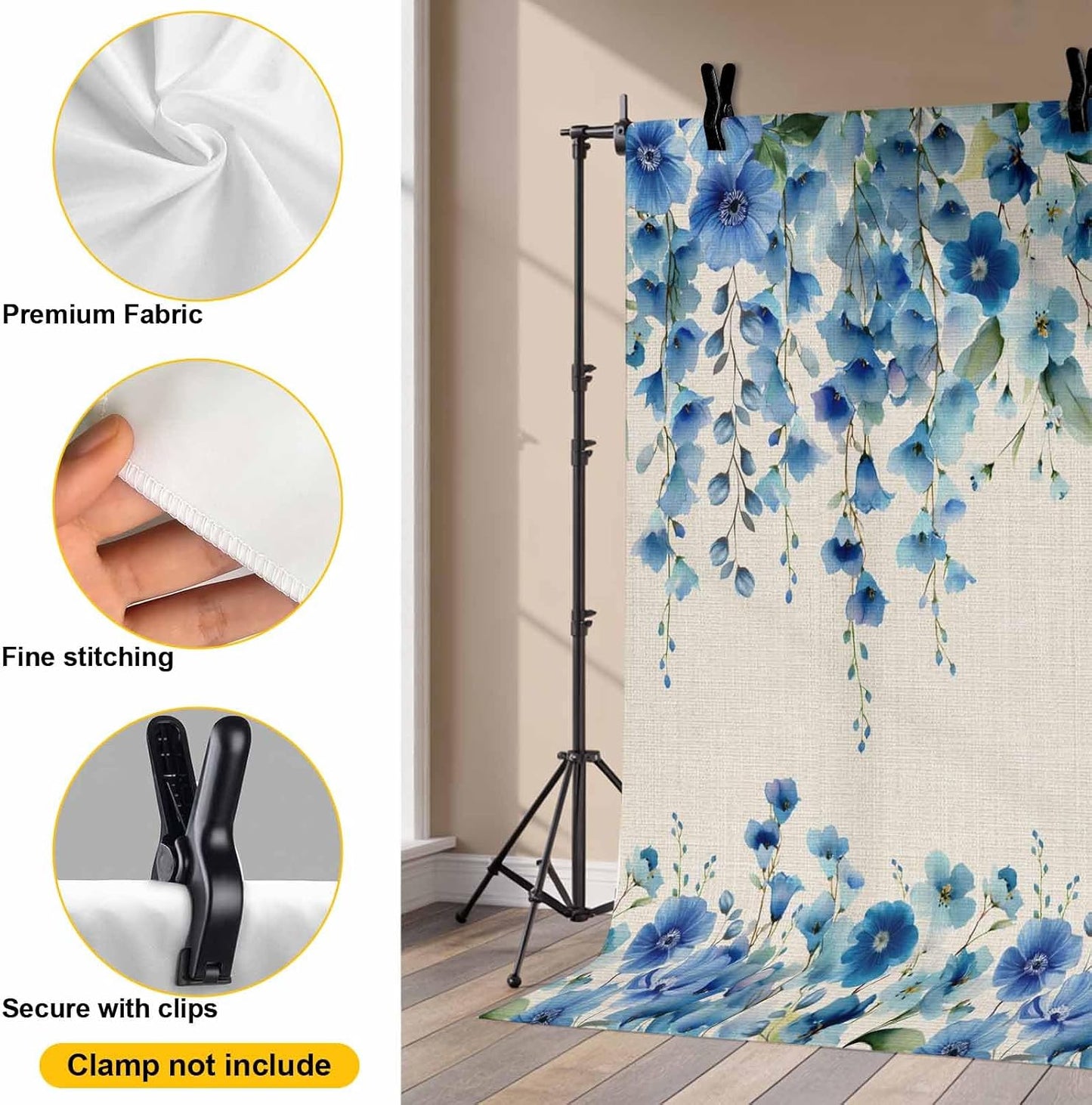 VANPTBNHS 12x8ft Curtain,Country Photography Backdrop,Retro Blue Flowers on Jam Professional Photography Background