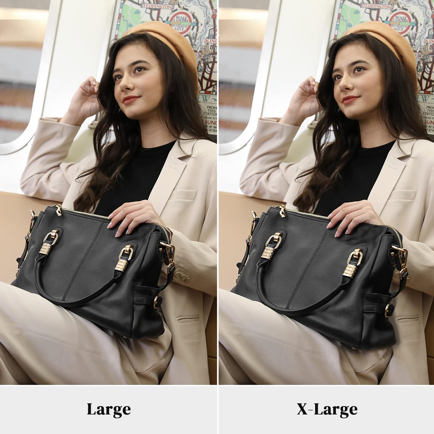 Kattee Women's Genuine Leather Purses and Handbags, Satchel Tote Shoulder Bag (Black)