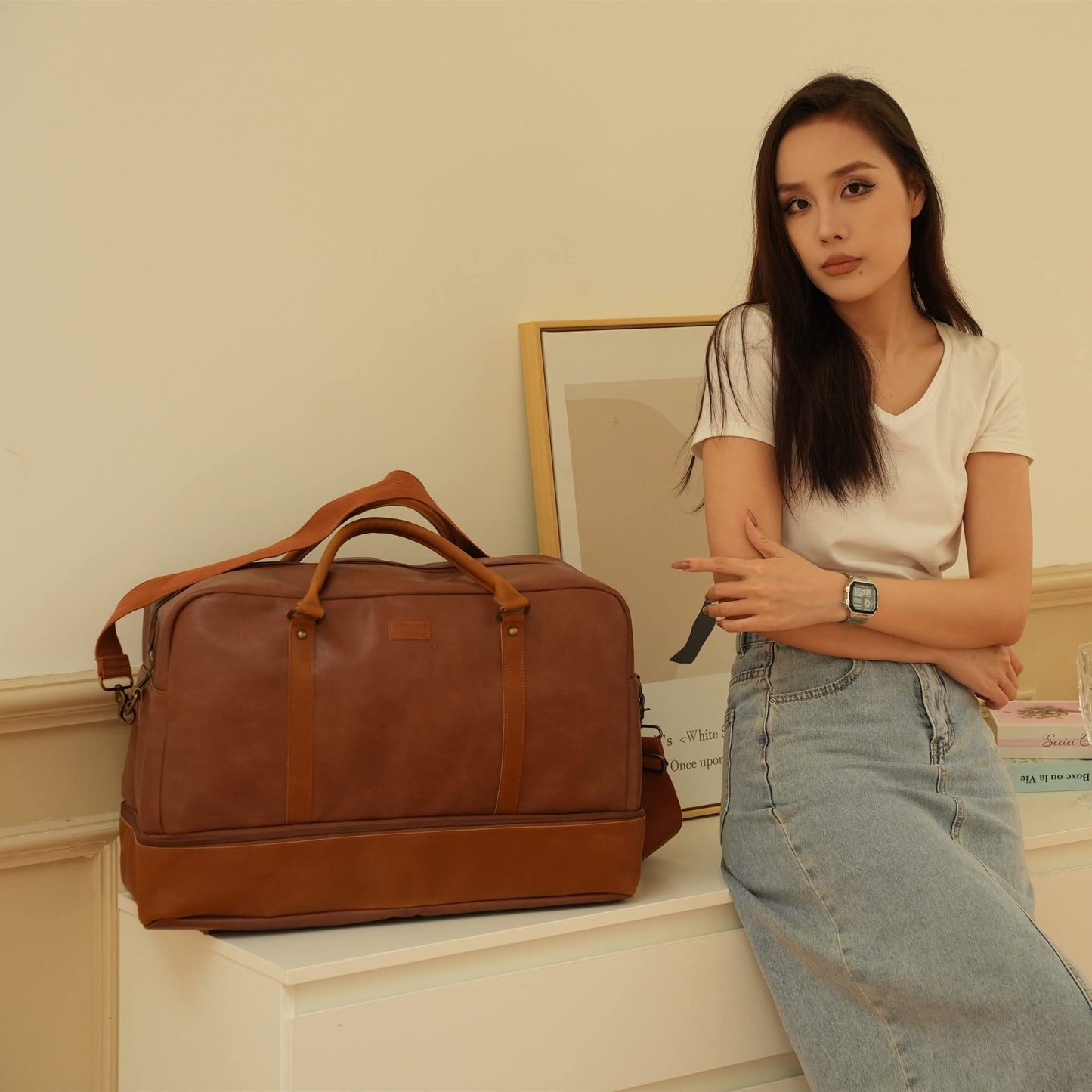 BAOSHA Vegan Leather Large Travel Duffel Tote Bag Carry On Weekender Overnight Bag With Shoe Compartment HB-38 (Brown)