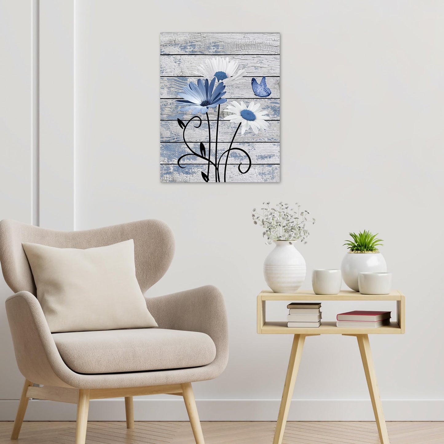 HVEST Farmhouse Floral Wall Art for Living Room, Blue and White Daisy Flower and Butterfly on Rustic Wood Board Canvas Wall Art Framed Artwork Ready to Hang for Bathroom Bedroom Decor, 16L X 12W