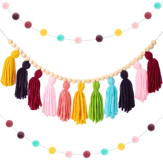 Syhood 3 Pcs Boho Tassel Garland Wall Hanging Decor 1 Boho Tassel Garland with Wood Beads and 2 Western Colorful Pom Pom Ball for Classroom Party Wedding Baby Shower Home Decorations(Fresh Colors)