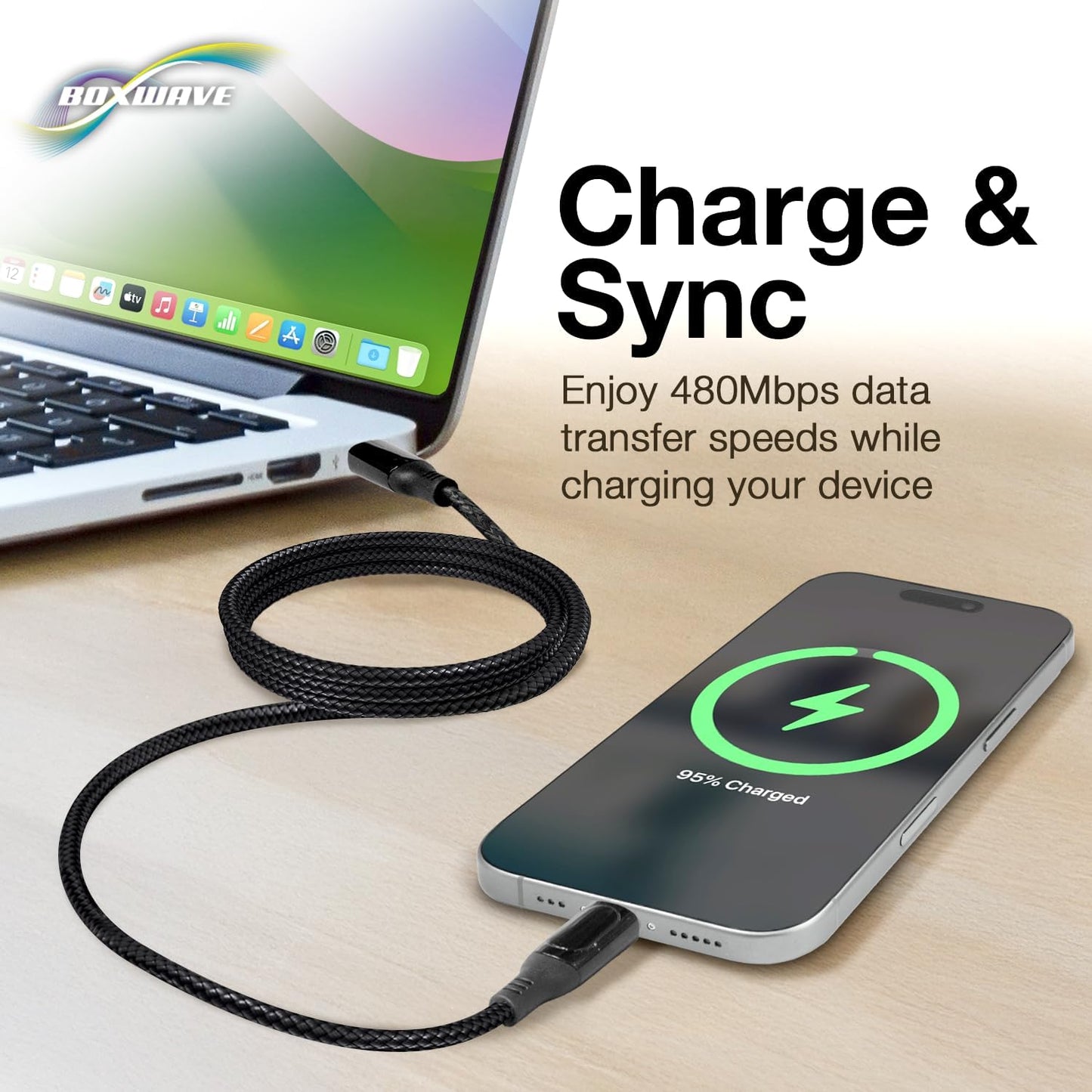 BoxWave MP3 W02 (6ft) (100W), Cable Compatible with Benjie Player - PowerDisplay PD Cable - USB-C to USB-C LED Wattage