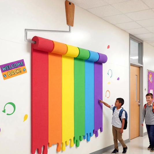 Eaasty 90 Inches 3D Art Painting Classroom Wall Decor Rainbow Paint Party Bulletin Board Decorations Set DIY Paint Brush Cutout Rainbow EVA Back to School Decoration for First Day of School Chalkboard