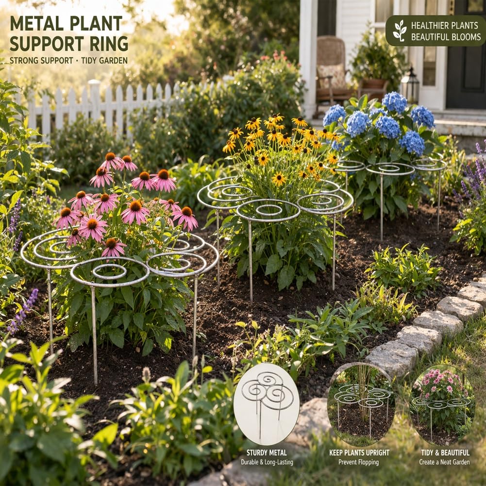 Metal Plant Support Ring for Garden, Peony Cage Stand, Indoor Pots, Flower Hoop, Decorative Grow Through Rings, Stackable Houseplant Stake, Dahlia Cage, Outdoor Orchid Clip(1PC,Small)