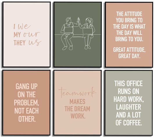 6Pcs Inspirational Office Wall Art Teamwork Motivational Wall Decor Positive Affirmations Uplifting Quotes Canvas Posters prints for Bedroom Office Workplace Home Decoration 8x10in Unframed