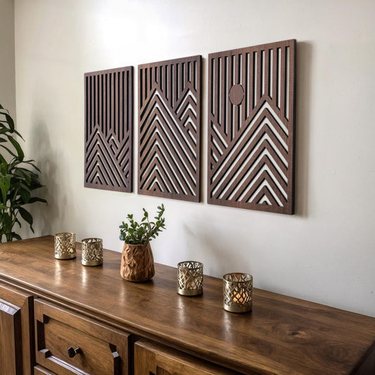 qmmp Modern Wooden Wall Sculptures - Set of 3 - Home Decor Accent - Large Wall Art for Living Room, Bedroom, Office - Easy Installation (Walnut, Medium - Mountain and Sun)
