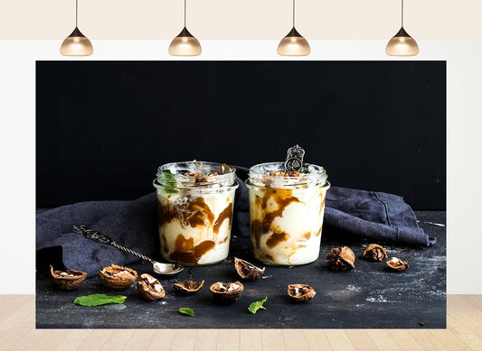 LidyMini 10x7ft Fabric Yogurt Parfaits with Caramel and Walnuts Backdrop Dark Moody Surface Mint Leaves Photography