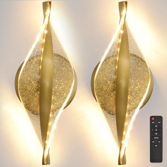 Giawosth LED Wall Sconces Set of Two Battery Operated, 5000mAh USB Rechargeable Gold Acrylic Wall Lights with Remote, Dimmable Wireless Wall Lamp for Living Room, Bedroom, Hallway,11.8 Inch