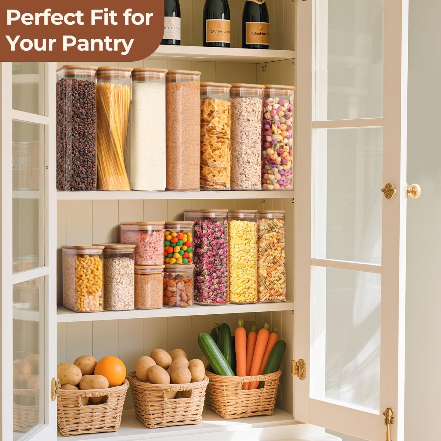 ComSaf 2 Qt Rectangle Glass Storage Containers with Lids, Glass Jars with Bamboo Lids, Clear Food Jar, Square Canister Set of 3, Pantry Organizers and Storage for Flour Pasta Coffee Bean