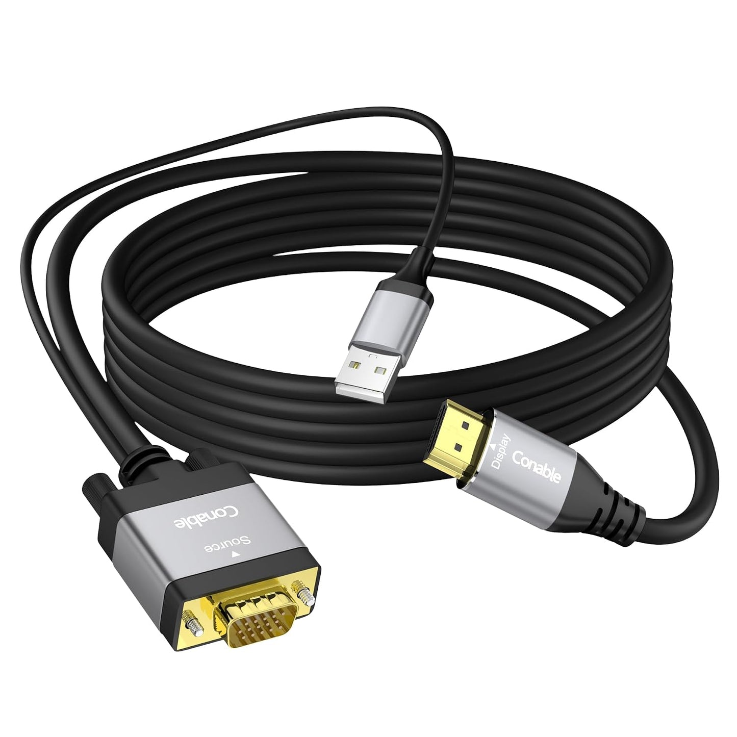 Conable 15 1080P@60Hz VGA to HDMI Cable FT with USB Power Supply, Real Video Output, Unidirectional Cable, from VGA