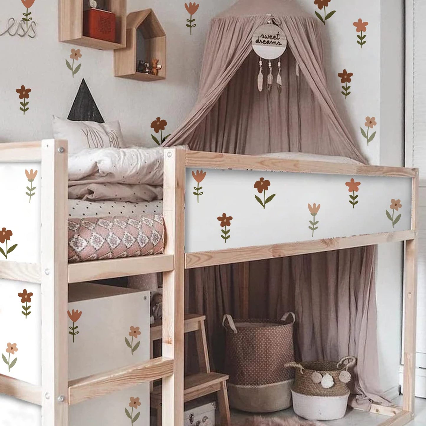 YouRfocus Boho Flower Wall Decals 72 PCS, Boho Decal Sticker for Girls Living Room Playroom Nursery, Removable Decals Kids Room Decor Vinyl Murals DIY Cute Decorations (12 Sheets)