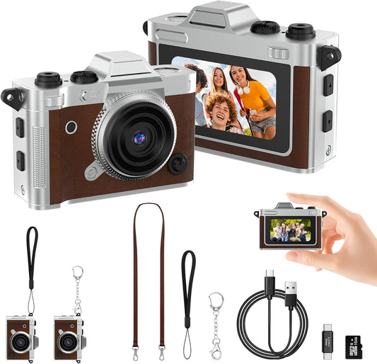 Dienspeak 16GB 2K Tiny Digital Camera, Vintage Mini Keychain Camera for Teens & Beginners, Premium Leather Portable