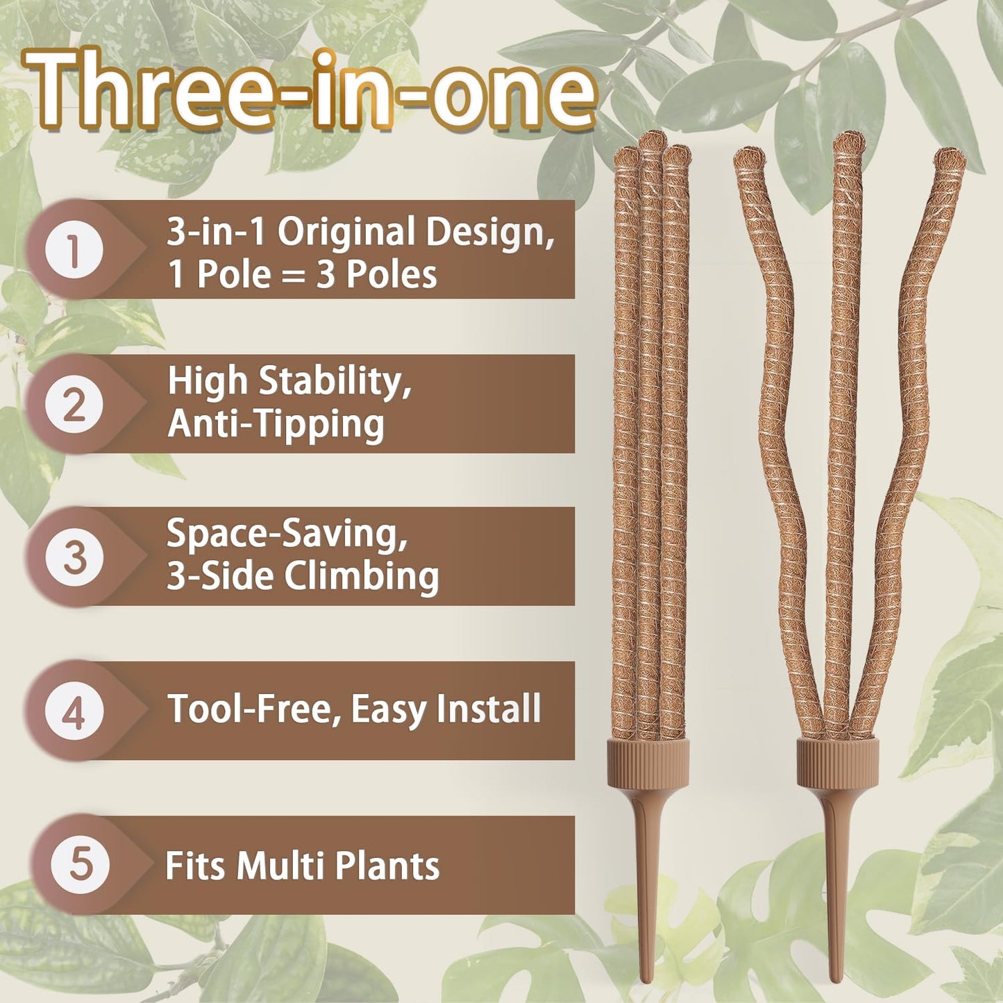 3 Moss Poles in 1, Bendable Monstera Plant Support, 30IN Tall Plant Stakes for Indoor Plants, Coir Pole Plant Support for Climbing Plants, Pothos, Philodendron-2 Pack
