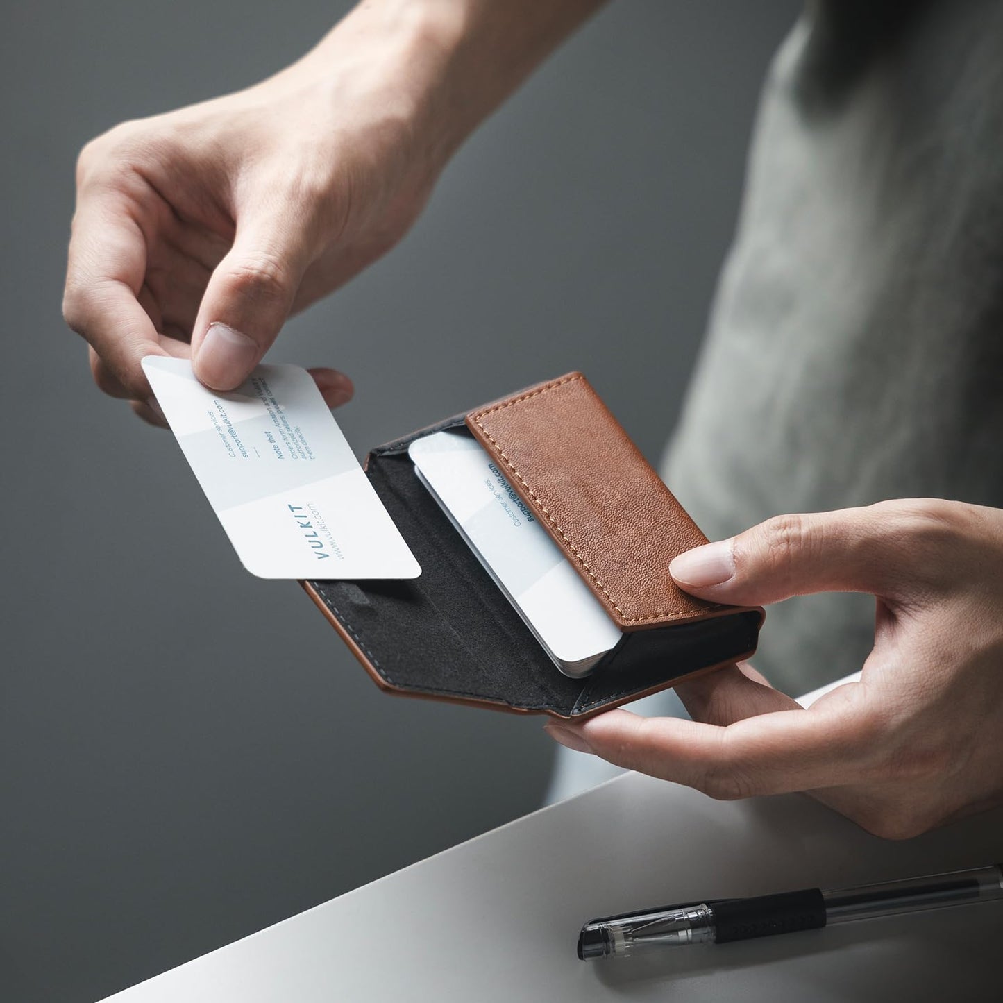 VULKIT Leather Business Card Holder Case for Men Slim Pocket Business Card Wallet Name Card Case Holder, Holds 20 Business Cards Brown