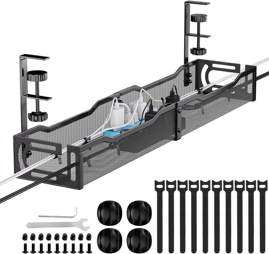 Mzmaxy 25'' Cable Management, Cable Management Under Desk No Drill, Metal Cord Organizer with Clamp for Standing Desk
