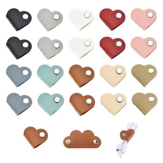 20 Pcs Heart Cord Organizer, PU Leather Cable Straps, Portable Cable Straps for Headphone, Cute Earphones Winder for Travel, School, Office (10 Colors)