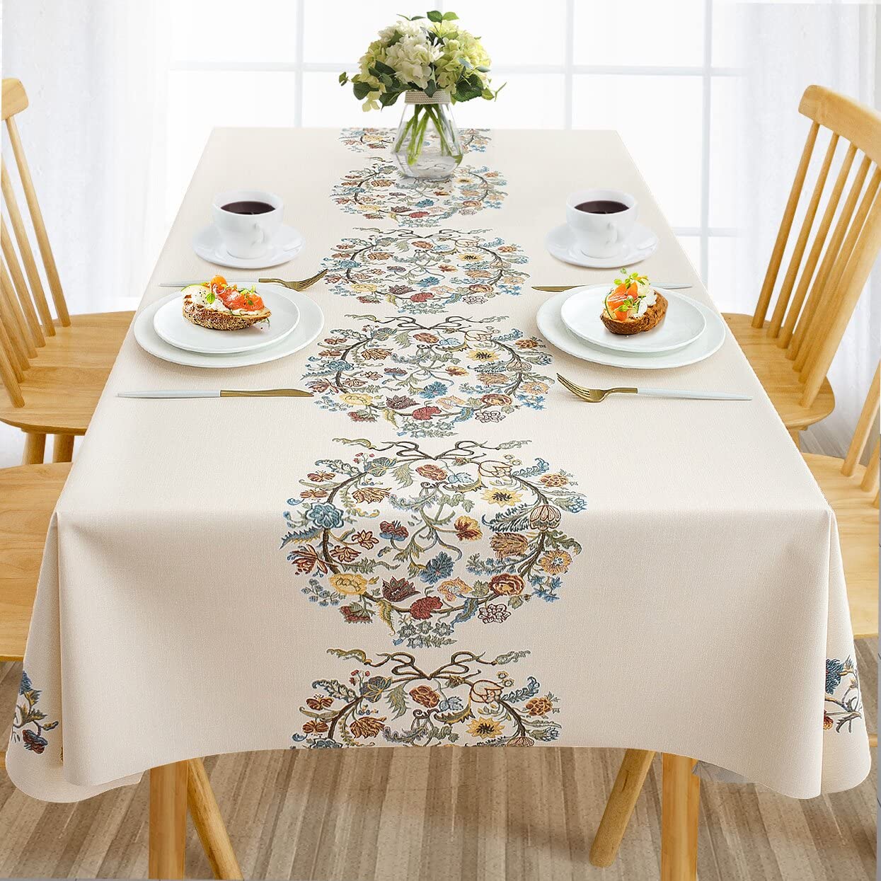 AIRCOWRIE Waterproof Vinyl Tablecloths, Heavy Duty Oil Proof Spill Proof Plastic Table Cloth, Wipe Clean PVC Table Cover for Spring Indoor and Outdoor Use (Embroidery Flower, 54”×78”, Rectangle)