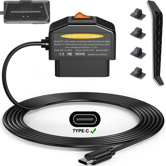 Redsia 12-24V 5V/3A 24h Dash Cam Hardwire Kit OBD, Dash Camera USB Type C Hardwire Kit OBD Power Charging Cable
