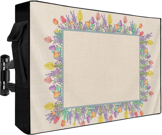 EZON-CH 40-43 inch Outdoor TV Cover Floral Plants Tuilps Lavender Linen Texture Weatherproof TV Screen Protector