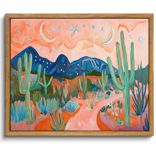 AtterrirArt Framed Boho Wall Art, Vintage Desert Picture Painting Print, Colorful Cactus Wall Decor For Living Room Canvas Wall Art, Ready To Hang, 12 * 16 Inches