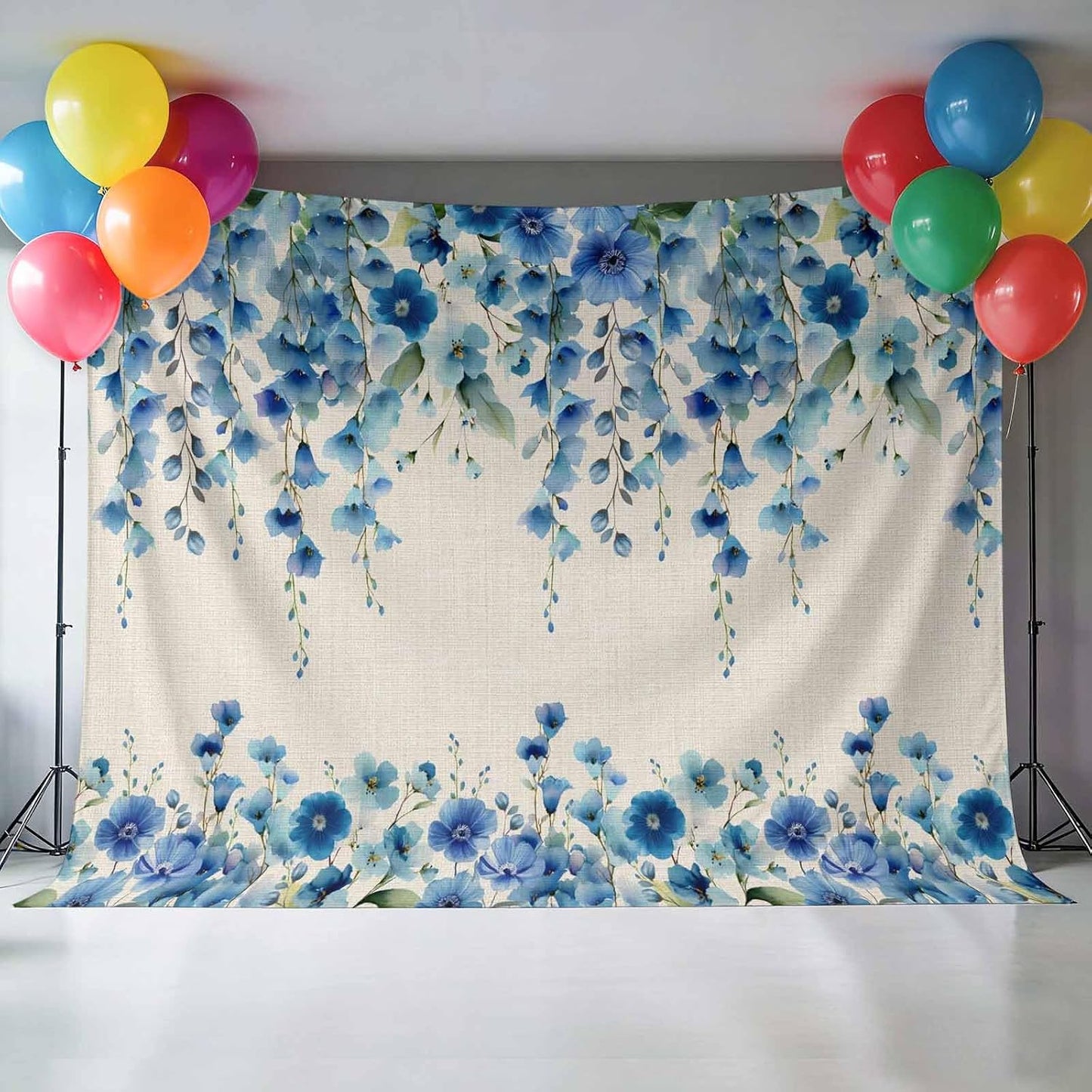 VANPTBNHS 12x8ft Curtain,Country Photography Backdrop,Retro Blue Flowers on Jam Professional Photography Background