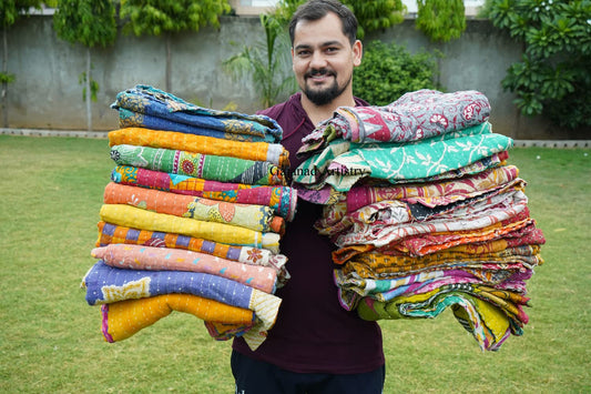 Gajanad Artistry 10 Piece Set Handmade Indian Vintage Kantha Quilts Reversible Bohemian Home Decor Blanket – Assorted Color Twin Size 85X55 Inches