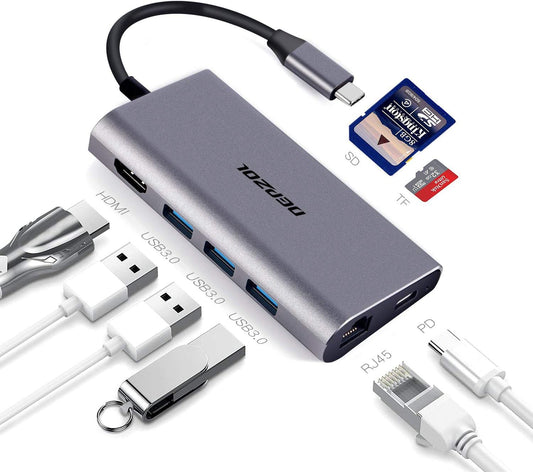 DEPZOL 8-in-1 4K, RJ45, 3 3.0 2018/2017/2016 USB C Hub, Type C Adapter Dock to HDMI Gigabit Ethernet PD Power Delivery