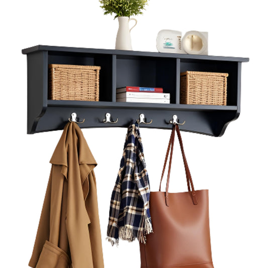Shaker Cottage Wall-Mounted Coat Rack with 3 Storage Cubbies and 4 Coat Hooks – 36" W x 9" D x 14" H Space-Saving Entryway Organizer or Mudroom Wall Shelf by Alaterre Furniture (Charcoal Gray)