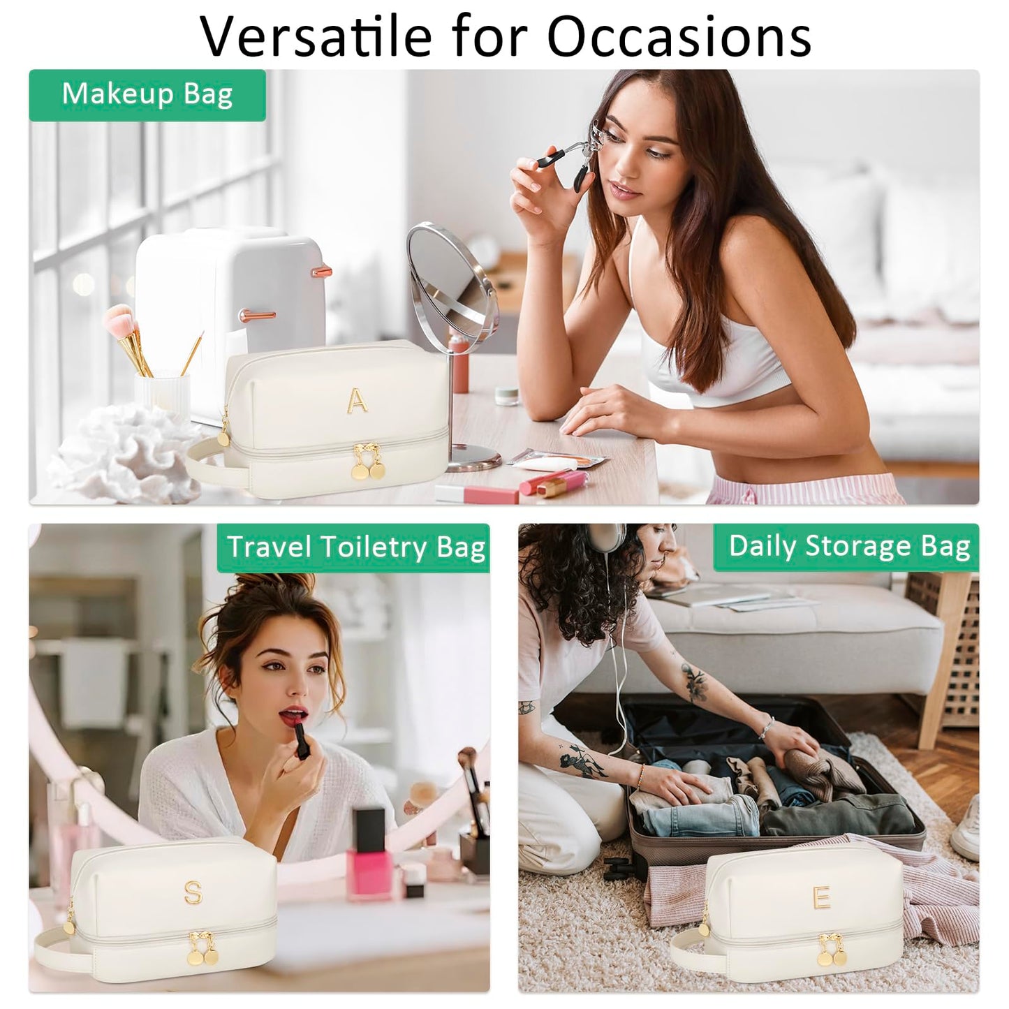 CLOUDWINGS Initial Makeup Bag for Women - Personalized Double Layer Cosmetic Bags with Makeup Brush Organizer, Hanging Travel Toiletry Bag with Large Capacity, Gifts for Mom Girlfriend Wife（Beige J）
