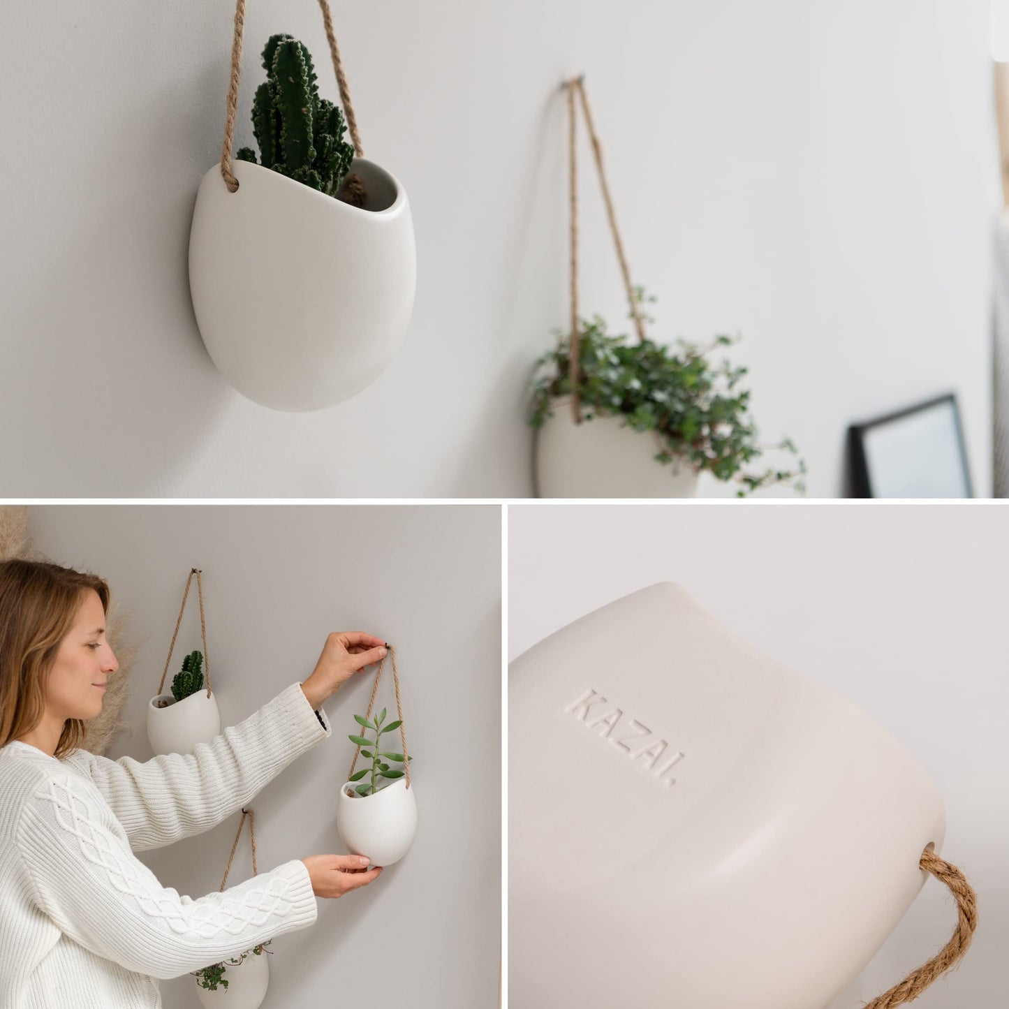 Kazai. Wall Planters -Ellie- | Hanging Ceramic Plant Pots 3 Pieces | Wall Decoration for Indoors, Balcony and Garden | White (Matte)