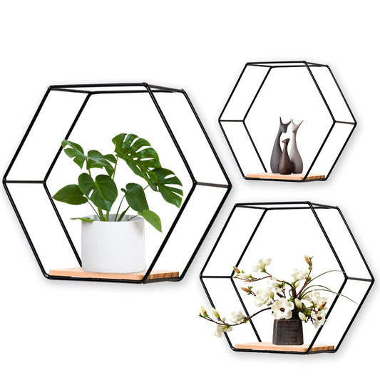 Wall Mounted Hexagonal Floating Shelves Black Set of 3 in Different Sizes, Modern Metal Wall Shelf, Simple Wood Partition Storage Shelves, Wall Decor Rack for Bedroom, Living Room, Kitchen and Office