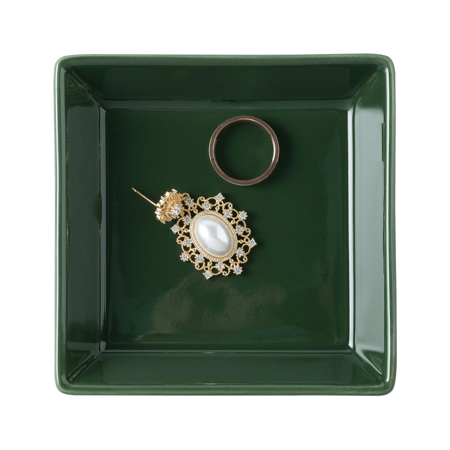 QNMUSUNC Ceramic Ring Dish, Jewelry Dish Holder, Small Trinket Tray Plate for Earrings Rings Necklaces Keys, for Mom Friend Sister (Dark Green Surface)