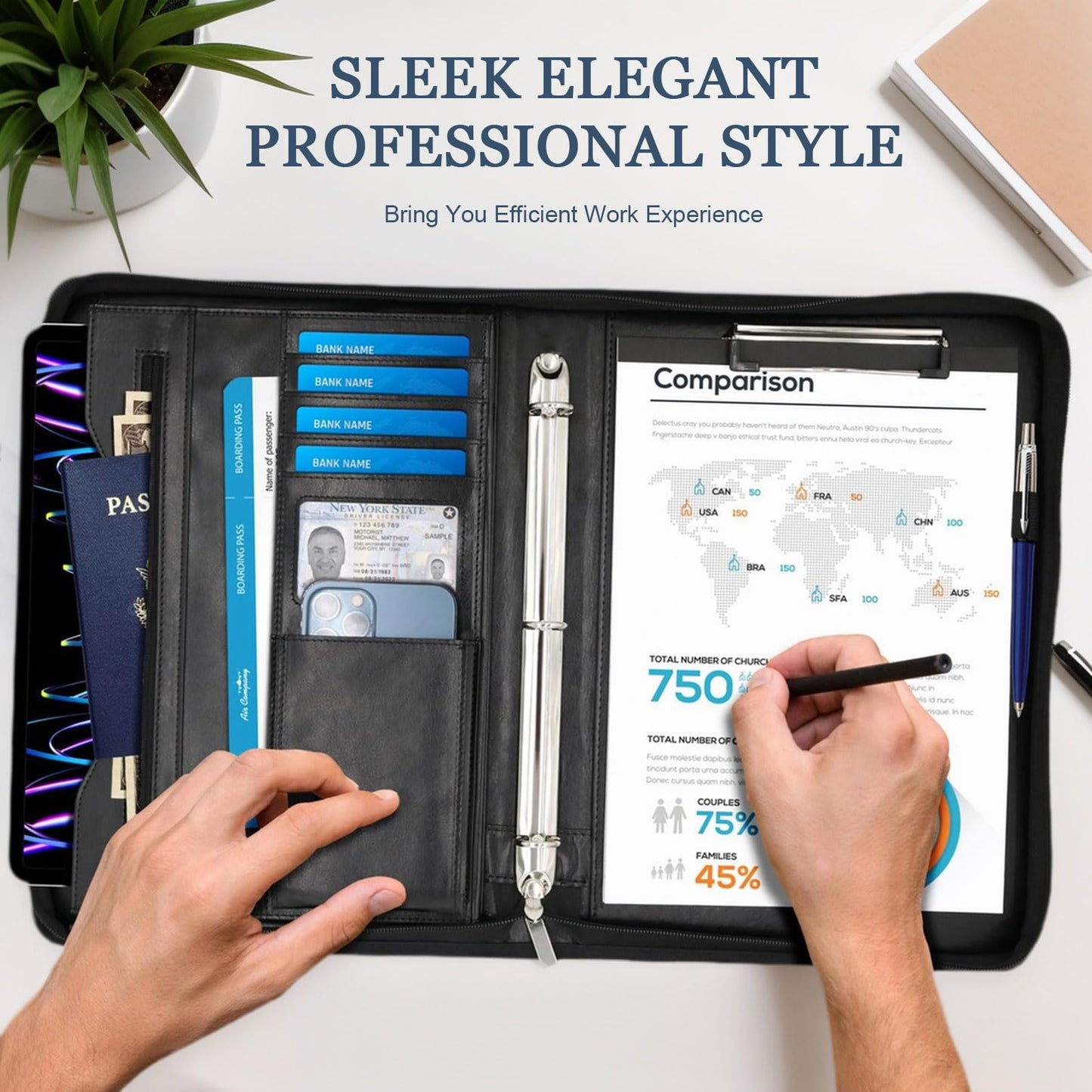 Faux Leather Portfolio Binder with Handle & Clipboard, Zippered Padfolio Folder Organizer 3 Ring Binder for Document, Business Card Holder, Professional Portfolio Notebook for Men & Women (Black)