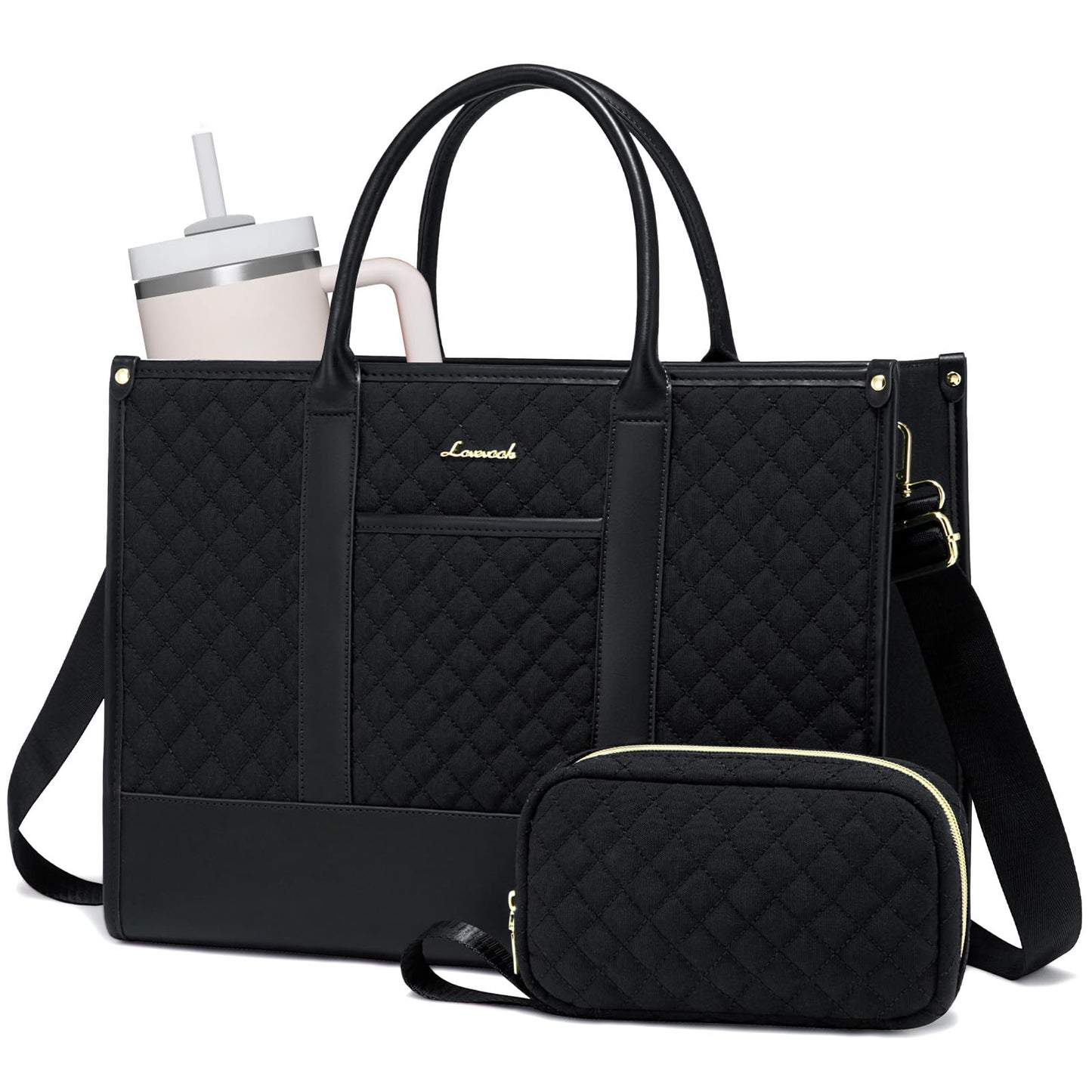 LOVEVOOK Laptop Bags for Women, 15.6 inch Waterproof Work Tote Bag with Clutch, Professional Teacher Computer Purse Lightweight Shoulder Bag Travel, Quilted Black