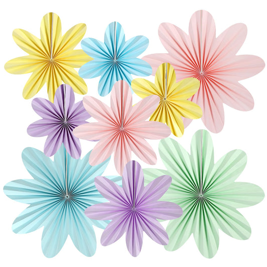 Paper Flowers Decorations for Wall, Kaluofan 9 PCS Paper Fans Party Decorations, Pastel Classroom Decor Hanging Floral Decorations for Birthday Weddding Festival Carnival Summer Party