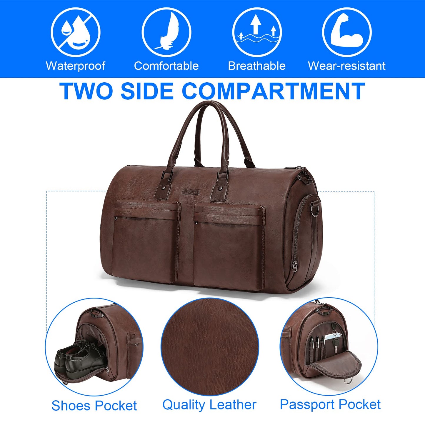 Modoker Convertible Leather Garment Bag, Carry on Garment Bags for Travel Waterproof Garment Duffel Bag Gifts for Men Women Business - 2 in 1 Hanging Suitcase Suit Travel Bags in Brown