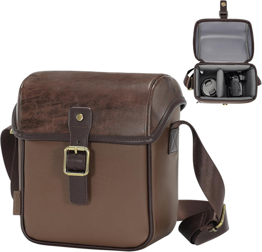 Cwatcun Camera Sling Bag PU Leather for PhotographersSmall Camera Bag Water-resistant Shockproof Case with Removable