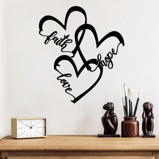 ShxTrade Metal Heart Wall Art Decor,Black Faith Hope Love Metal Sign Rustic Farmhouse Family Wall Sculpture Hanging for Home Living Room Bedroom Wedding Decoration