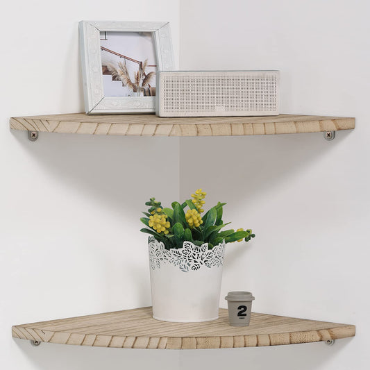 JORIKCHUO 10 inch Corner Wall Shelf, Set of 2 Solid Wood Corner Floating Shelves for Wall, Round End Wall Mounted Floating Corner Shelf for Bedroom, Living Room and Kitchen (Carbonized-10 inch)