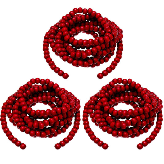 WILLBOND 3 Pieces 29.5 Feet Christmas Wooden Bead Garland Vintage Christmas Tree Bead Garland Round Wreath for Holiday Decorations(Red)