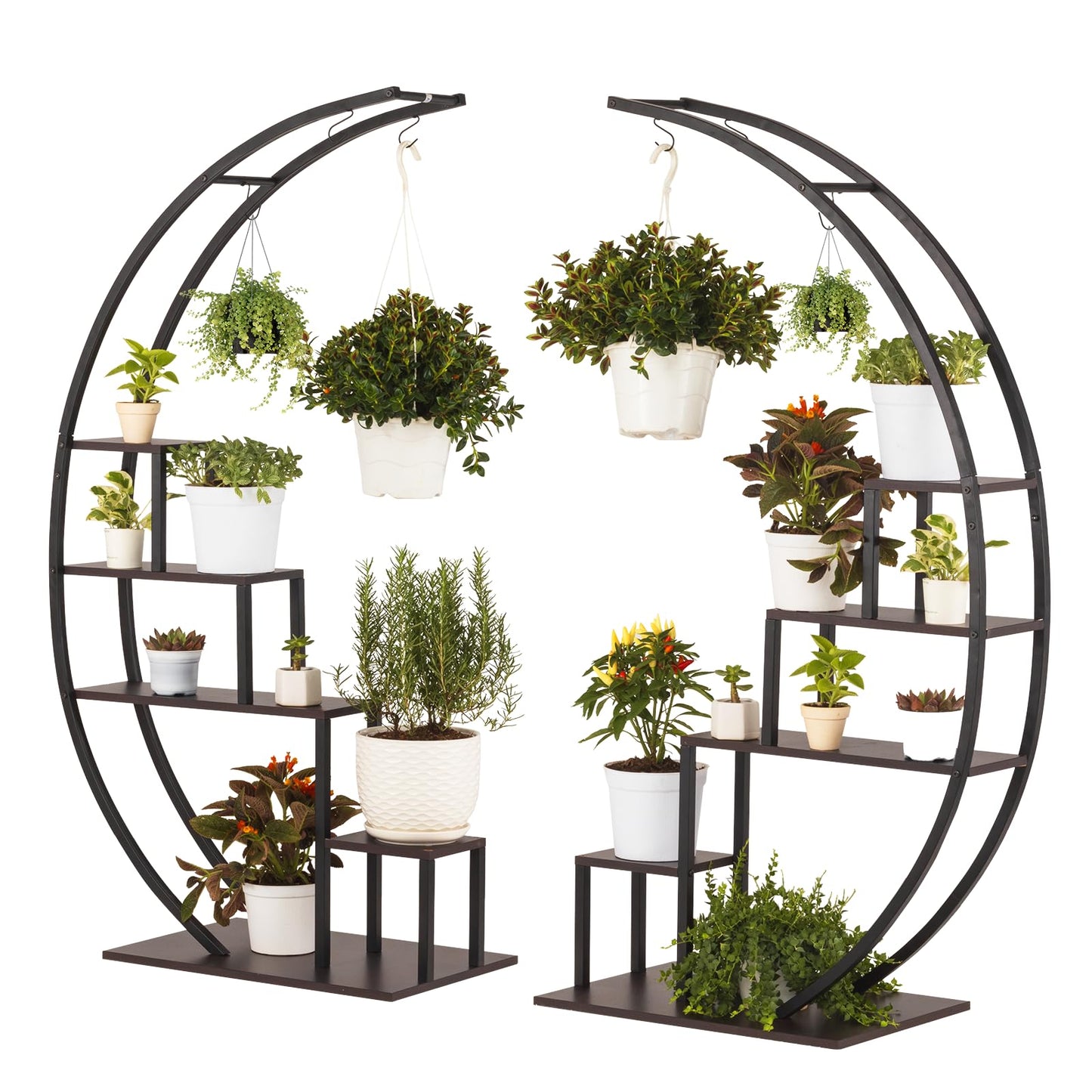 IDZO Metal Half Moon Plant Stand, Indoor Multiple Shelf for Planters, Dark Brown, Ideal for Living Room, Balcony & Bedroom Decoration, Upgraded, 2pcs