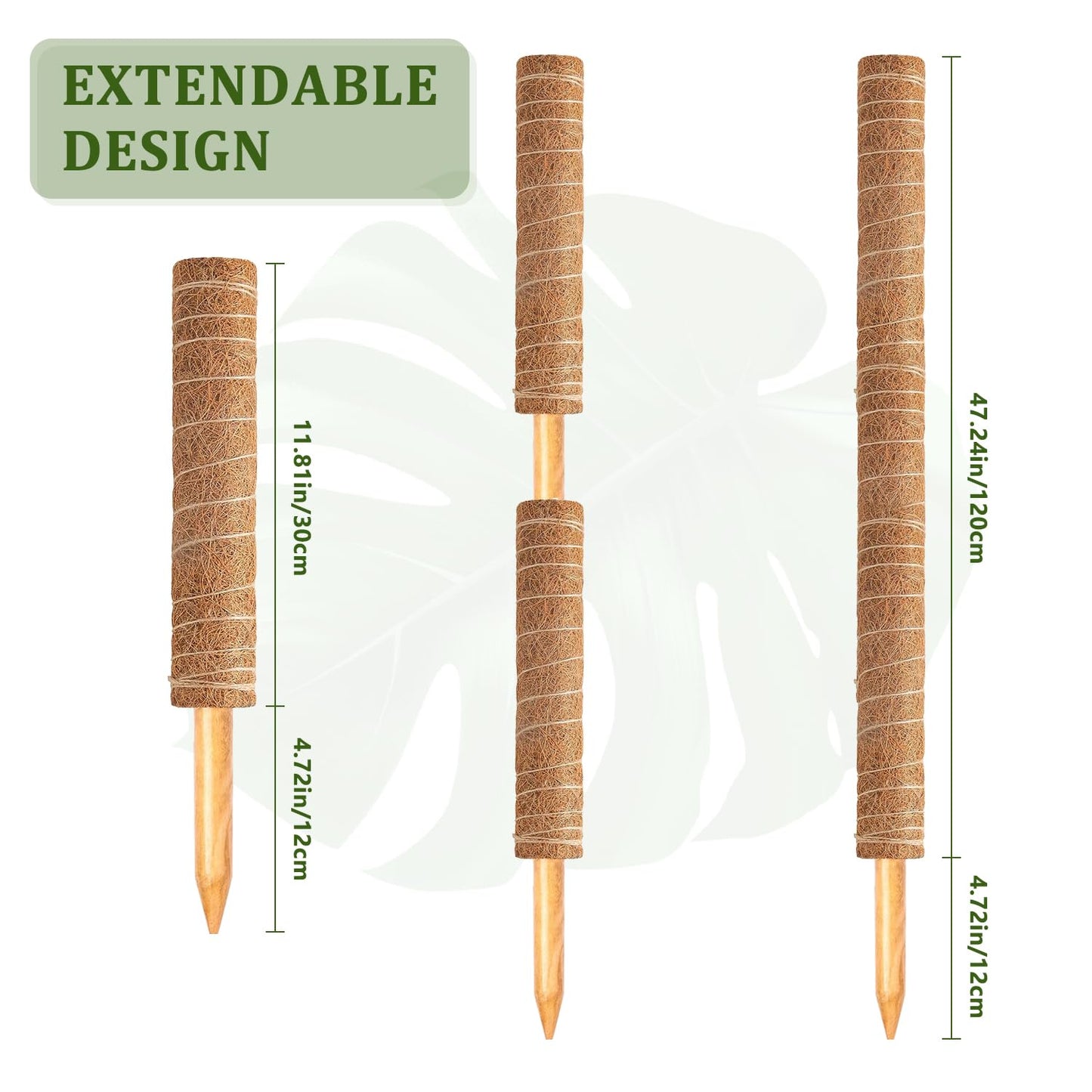 4 Pack 47 Inch Moss Pole, Stackable Moss Poles for Climbing Plants Monstera, Grow Upwards with Jute String Moss Stick. Coir Plant Support Stakes for Potted Plants Indoor.