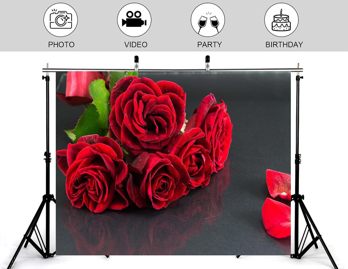 KeyWork 4x4ft Red Rose Bouquet Backdrop Fresh Bloom Petal Photography Background for Valentine's Day Gift Party