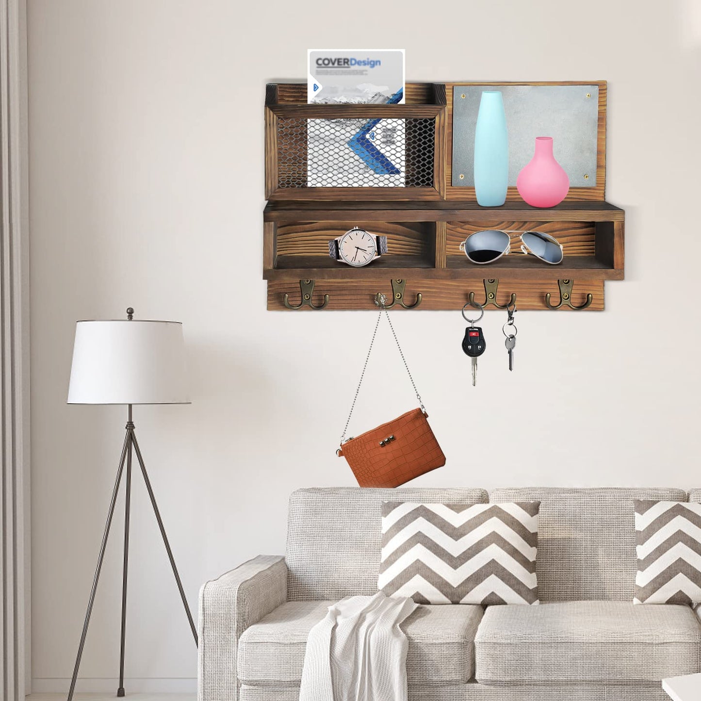Key Holder for Wall, Mail Organizer Wall Mount with Key Hooks and Wallet Holder, Sunglasses Storage and Dog Leash Hanger, Decorative with 4 Double Hooks and Chalkboard