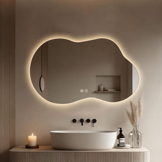 Yoding LED Bathroom Mirror with Lights 22x36, Stepless Dimmable Irregular Backlit Mirror with 3 Colors, Anti-Fog, Memory, Al-Alloy Lampshade, Frameless Smart Mirror for Bathroom (Horizontal/Vertical)