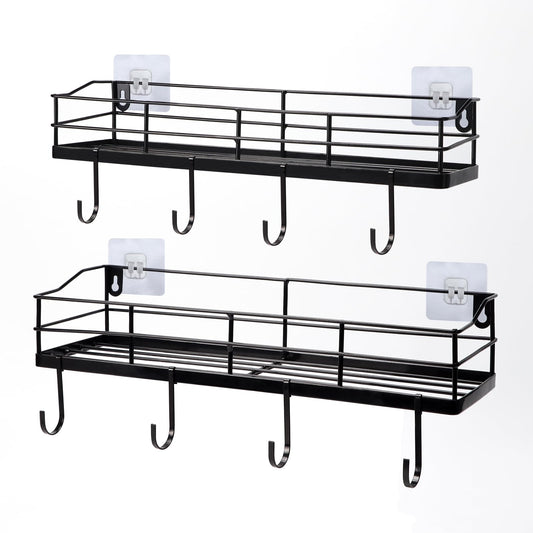 Lyeasw Black Floating Shelves Wall Mounted with 8 Removable Hanging Hooks, 15-Inch Adhesive Shower Shelf Organizer for Bathroom Kitchen Storage Rack, Set of 2