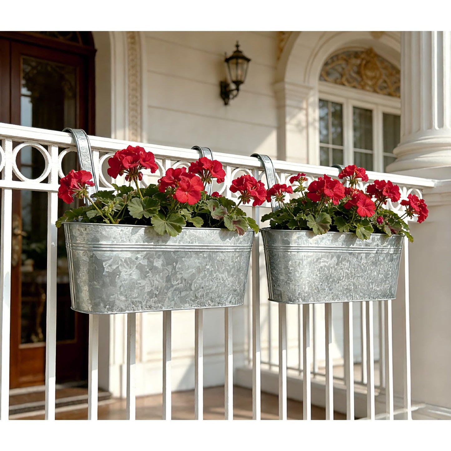 Joyfernal Balcony Galvanized Hanging Planters Railing Flower Pots, Outdoor Metal Fence Planter Pot with Detachable Hooks Drain Hole for Garden Patio Yard Decor (17 Inch, 4Pcs)